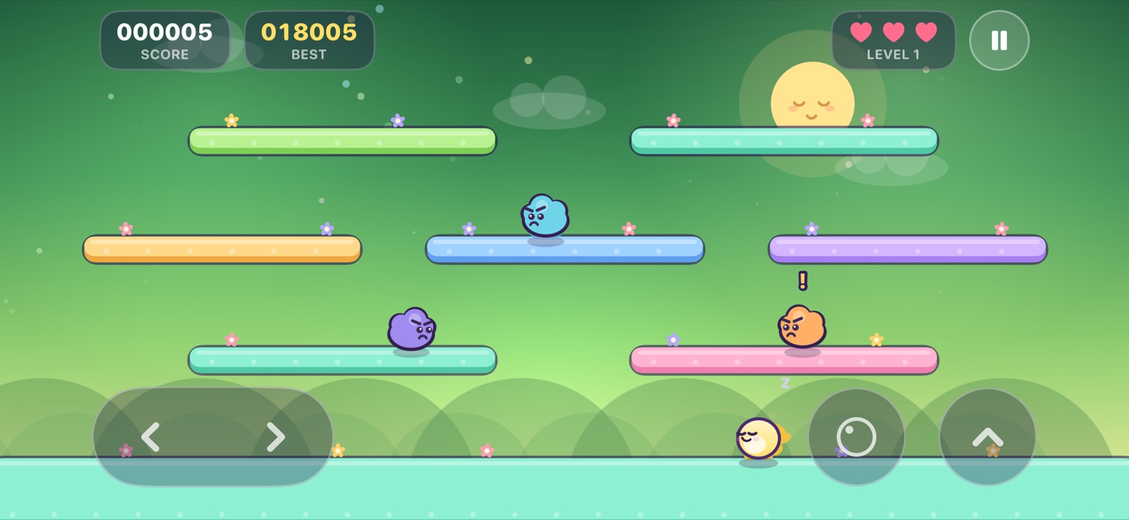 Bubble Burp gameplay — Bob on a green meadow level with three grumps on coloured platforms